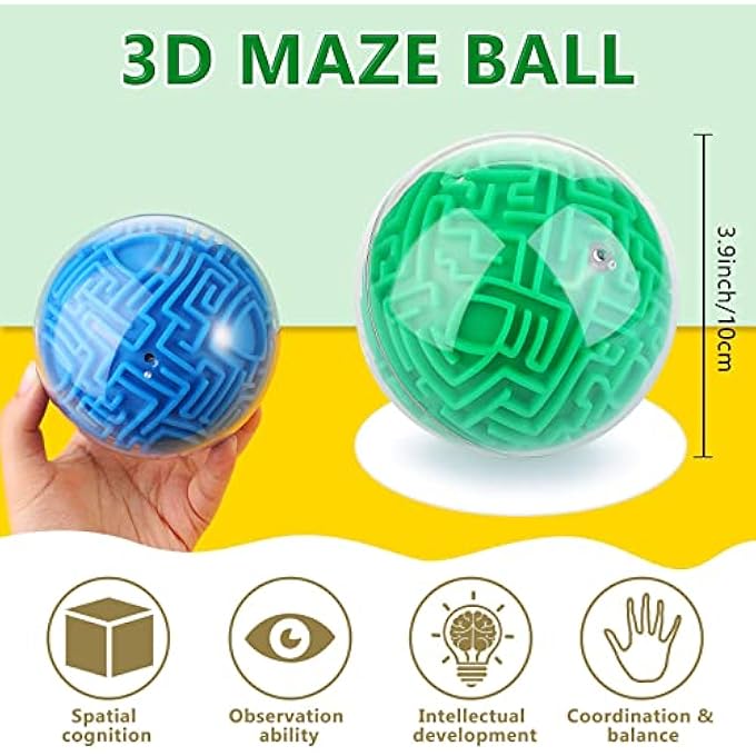2 PIECES 3D MAZE PUZZLE BRAIN TEASERS GAMES - 4 INCHES GRAVITY MAZE BALL PUZZLE TOY CUBE SPHERE - EDUCATIONAL TOYS FOR STUDENTS, TEENS, ADULTS (BLUE, GREEN) - Image 4